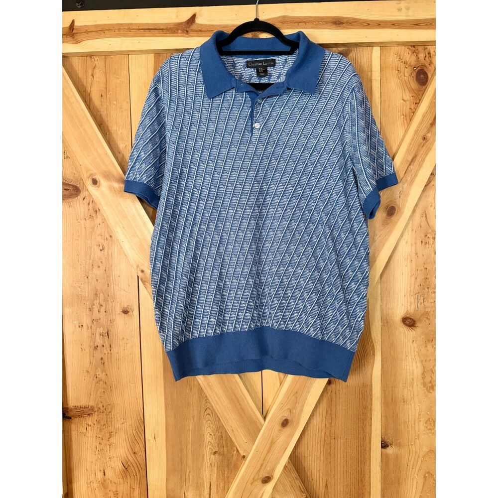 Christian Lacroix Mens Knit Polo Shirt Blue White Geometric Stripe Size XL Prep